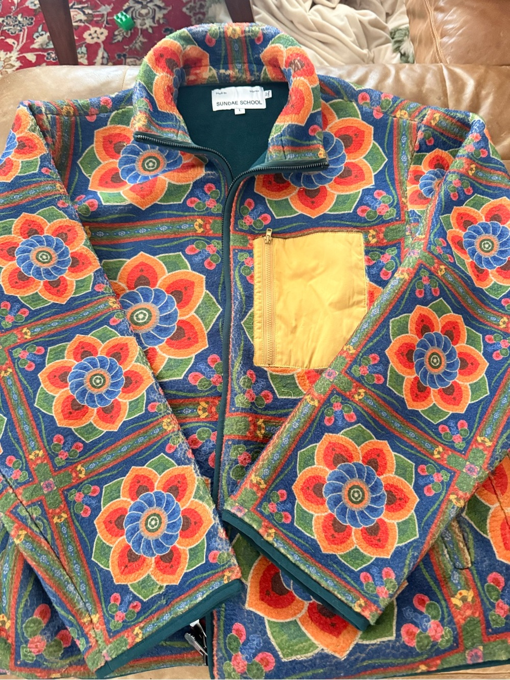 Sundae School Men's Multicolor Floral Zip Jacket with Yellow Chest Pocket
